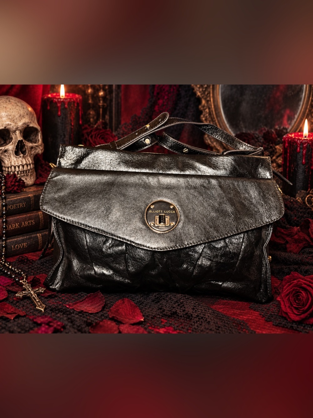 Elliott Lucca Roma Black Leather Ruched Chain Shoulder Bag Y2K Turn Lock
